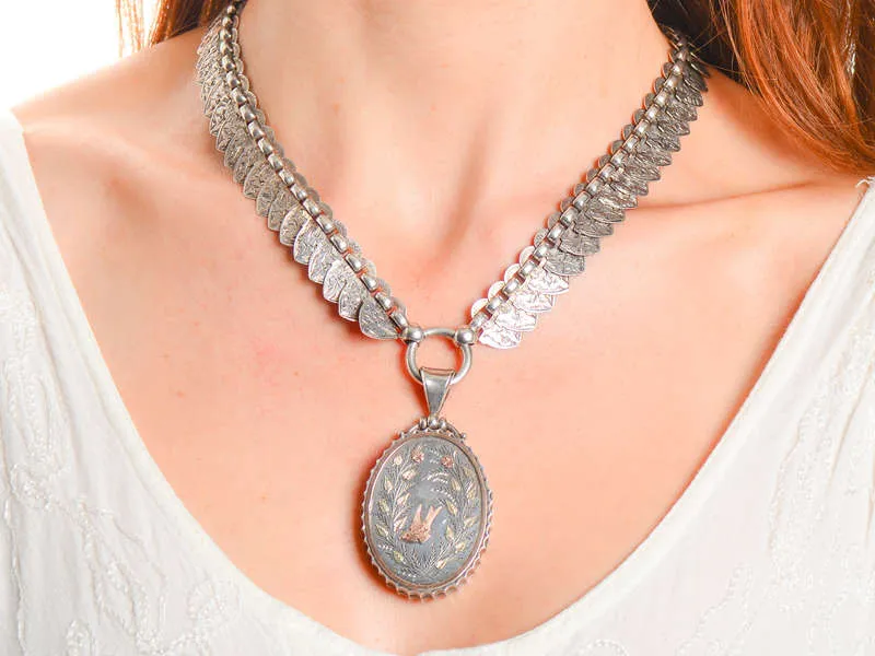 Victorian Silver Book Chain & Locket With Swallow Bird