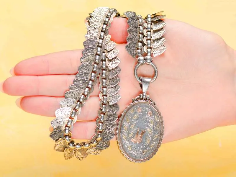 Victorian Silver Book Chain & Locket With Swallow Bird
