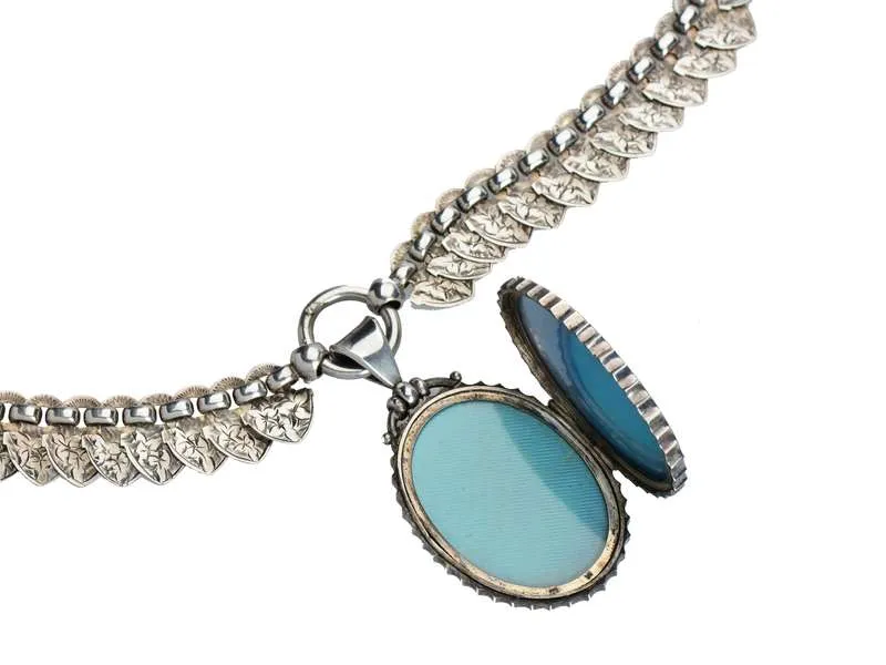 Victorian Silver Book Chain & Locket With Swallow Bird