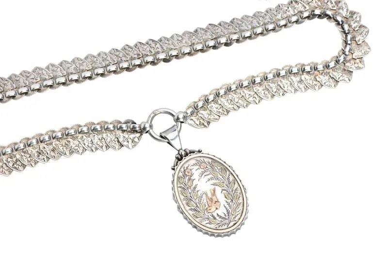 Victorian Silver Book Chain & Locket With Swallow Bird