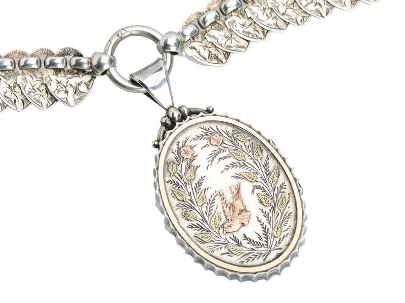 Victorian Silver Book Chain & Locket With Swallow Bird