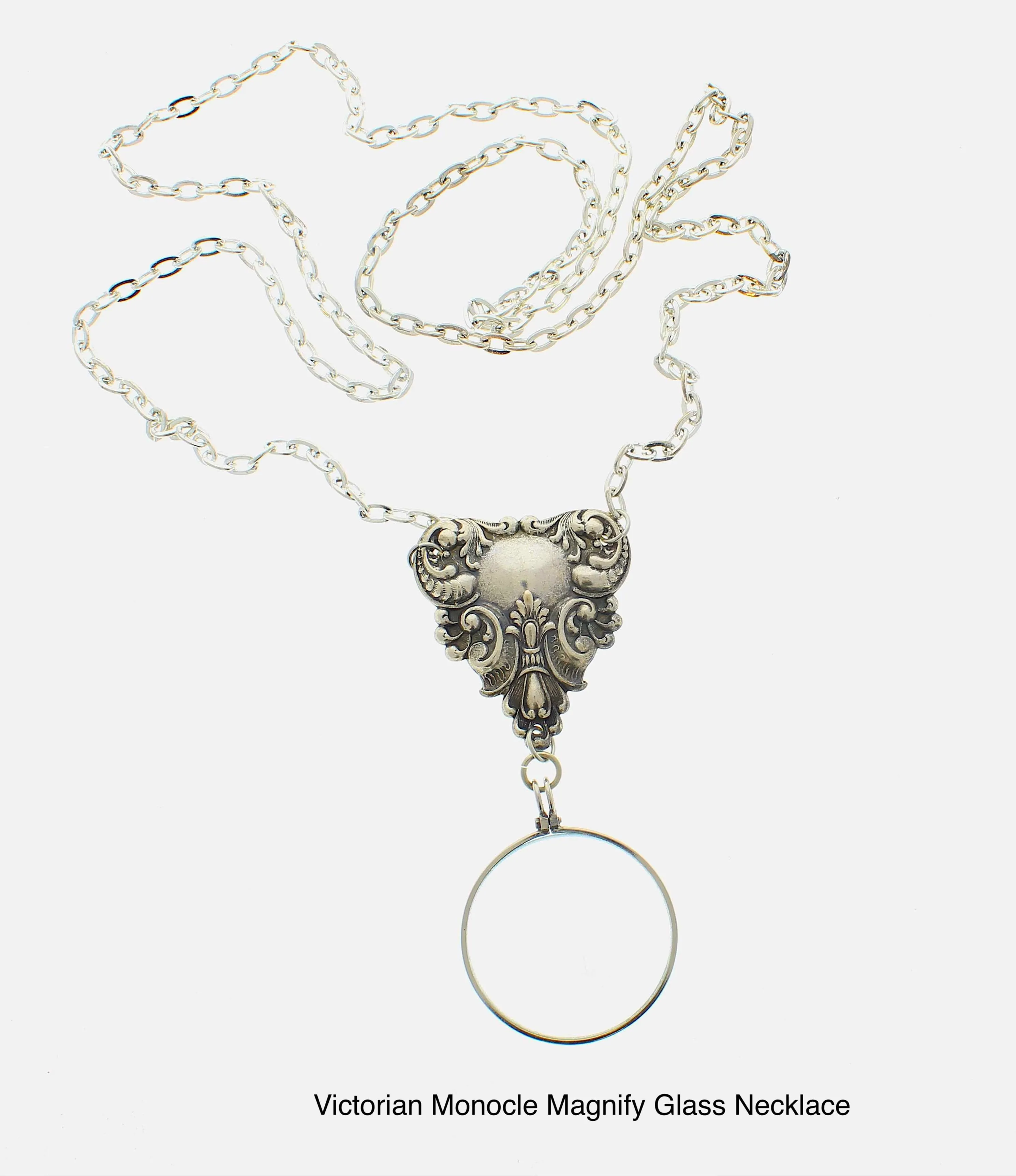 Victorian Style Monocle Magnify Glass Necklaces, Classic Silver, made in USA, each