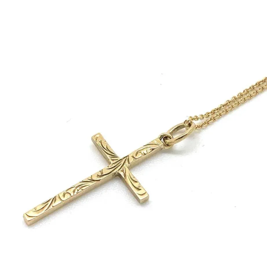 Vintage 1970s Engraved 9ct Gold Cross Necklace