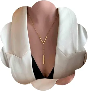 Vintage Bar Y Lariat Necklace Gold Vertical Bar Pendant Necklace Geometric Bar Necklace Arrow V Necklace Chain Jewelry for Women