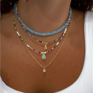 Vintage Color Bead Pearl Letter Pendant Choker Necklace
