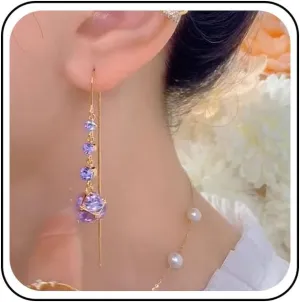 Vintage Long Amethyst Threader Earrings Purple Rhinestone Chain Tassel Earrings Purple Cz Crystal Dangle Earrings Gold Long Chain Threader Earrings Jewelry for Women