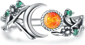 Vintage Opal Moon Ring for Women - 925 Sterling Silver Leaf Moon Rings Earth Ring Moss Agate Promise Ring Engagement Wedding Jewelry Wrap around Rings Adjusting