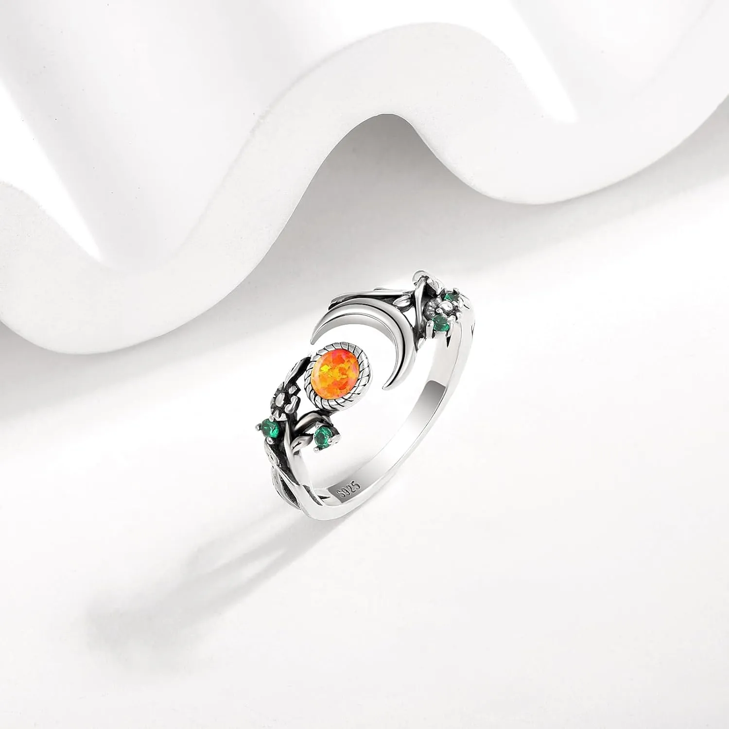 Vintage Opal Moon Ring for Women - 925 Sterling Silver Leaf Moon Rings Earth Ring Moss Agate Promise Ring Engagement Wedding Jewelry Wrap around Rings Adjusting