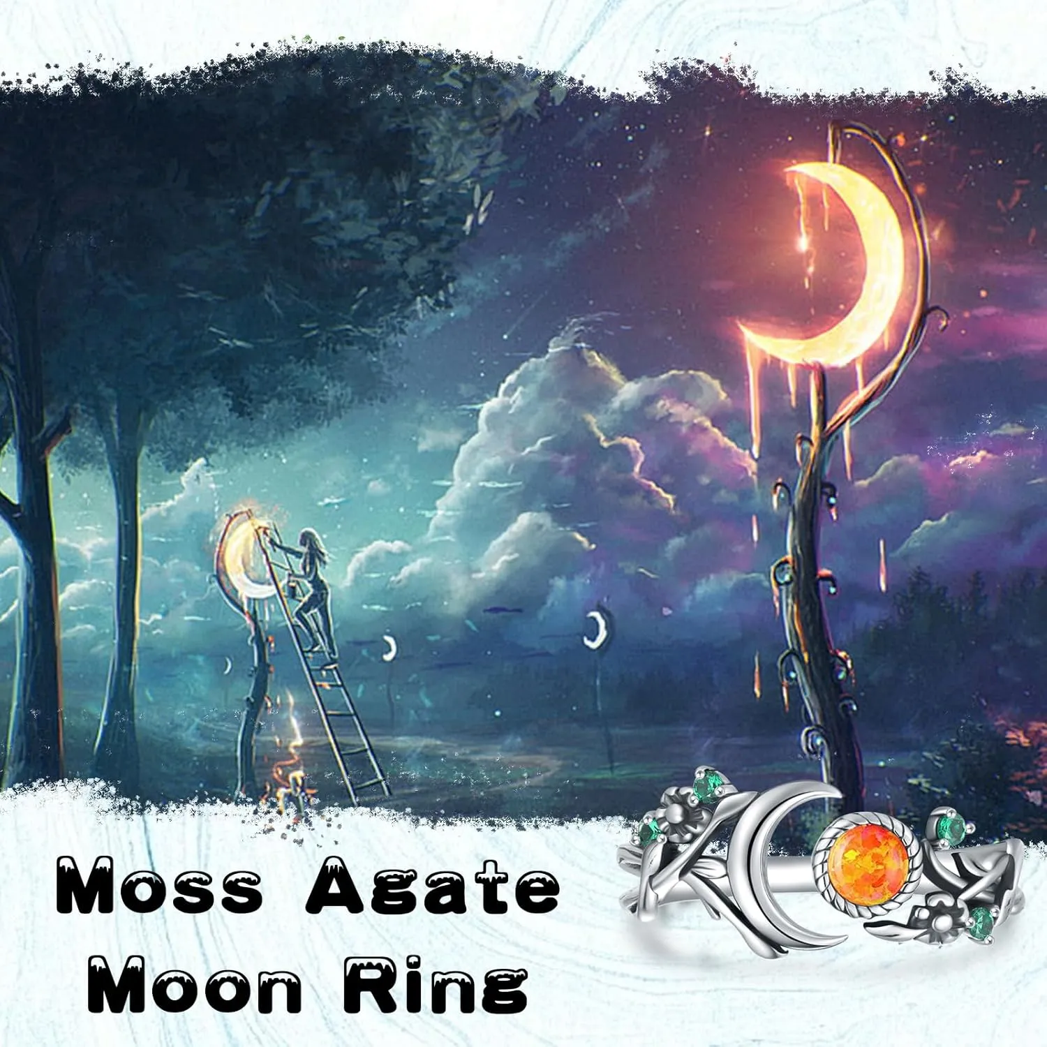 Vintage Opal Moon Ring for Women - 925 Sterling Silver Leaf Moon Rings Earth Ring Moss Agate Promise Ring Engagement Wedding Jewelry Wrap around Rings Adjusting