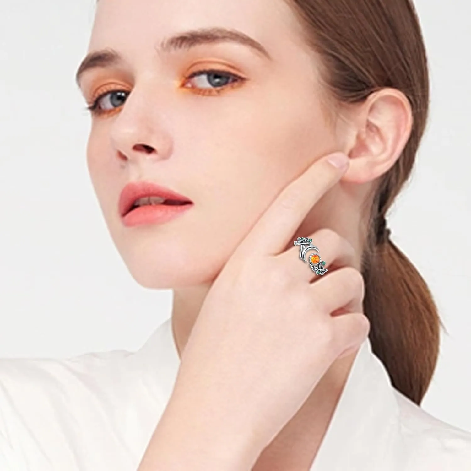 Vintage Opal Moon Ring for Women - 925 Sterling Silver Leaf Moon Rings Earth Ring Moss Agate Promise Ring Engagement Wedding Jewelry Wrap around Rings Adjusting