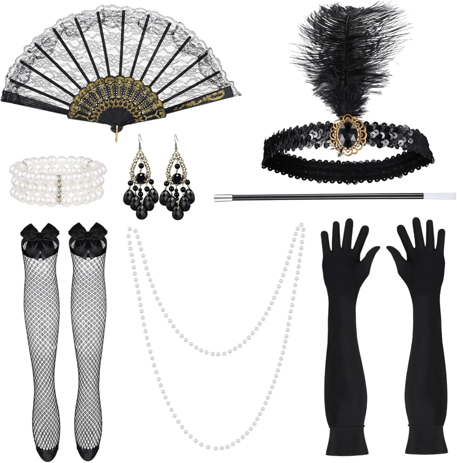 Vintage Prom Suit Women Costume Accessory Set w Pearl Necklace Gloves Headband Bracelet Earrings