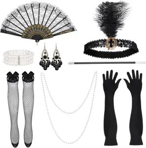 Vintage Prom Suit Women Costume Accessory Set w Pearl Necklace Gloves Headband Bracelet Earrings