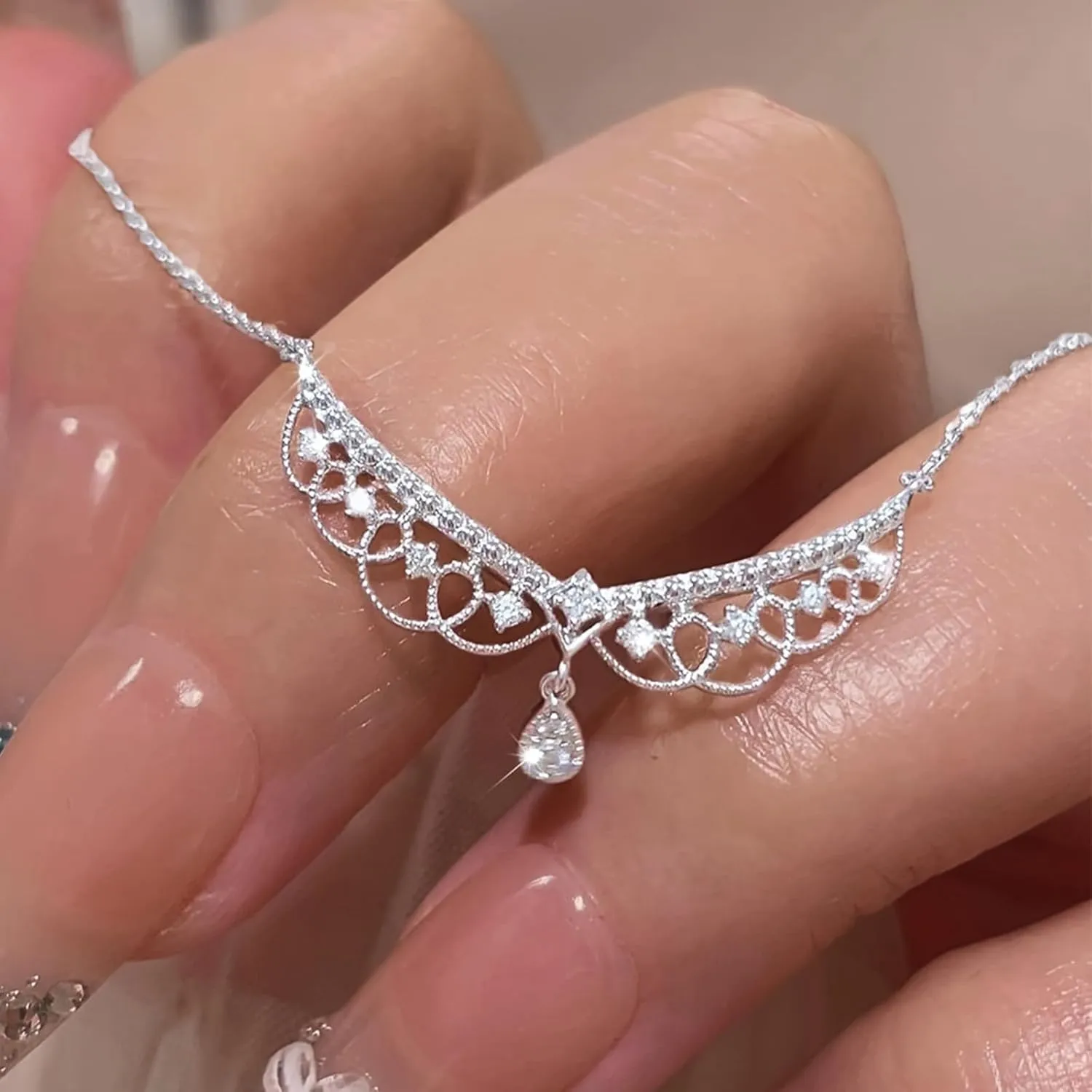 Vintage S925 Sterling Silver Crystal Lace Choker Necklace for Women Fancy CZ Teardrop Pendant Necklace Hollow Lace Rhinestone Necklaces Princess Bridal Birthday Jewelry To My Best Wife Daughter Graduation Gifts