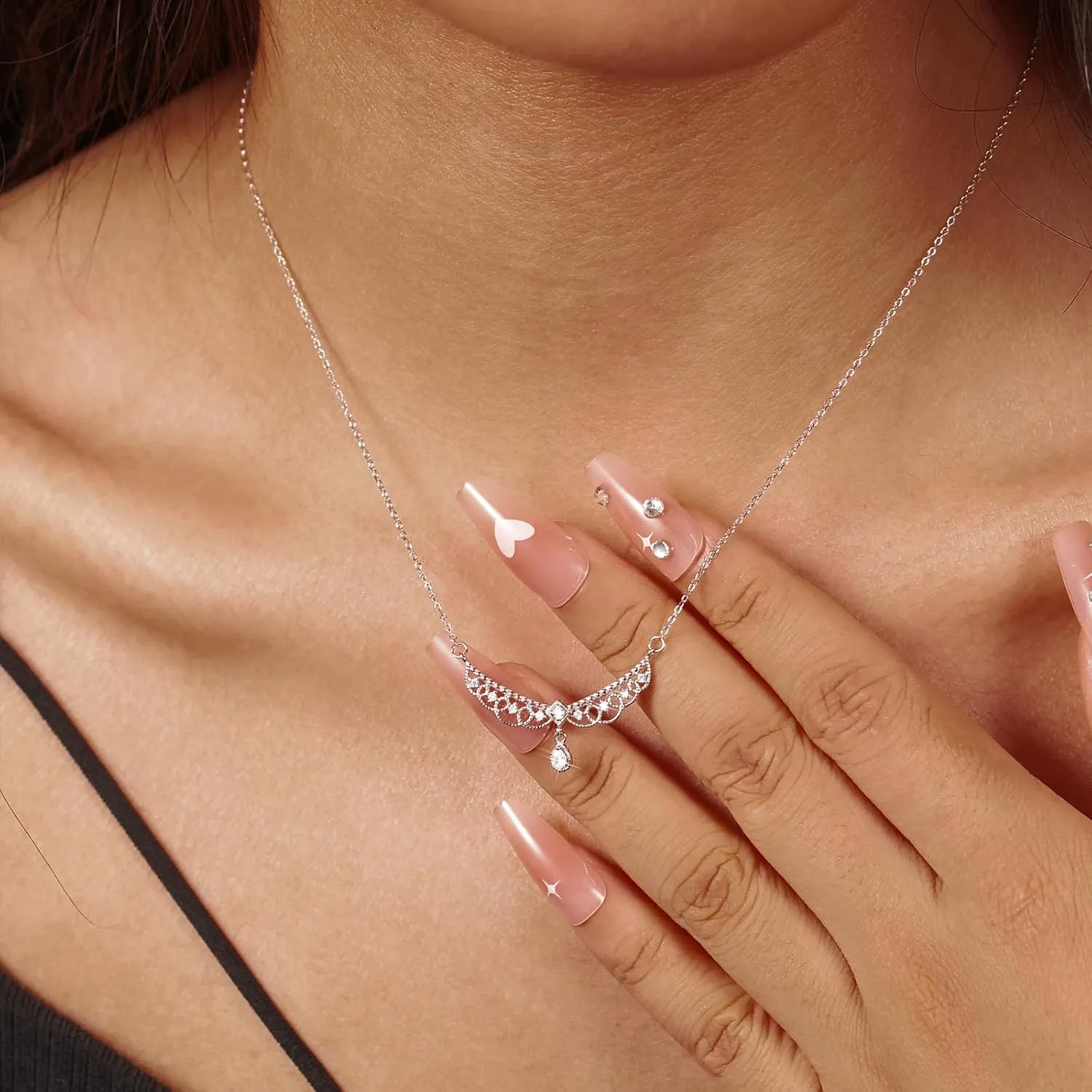 Vintage S925 Sterling Silver Crystal Lace Choker Necklace for Women Fancy CZ Teardrop Pendant Necklace Hollow Lace Rhinestone Necklaces Princess Bridal Birthday Jewelry To My Best Wife Daughter Graduation Gifts