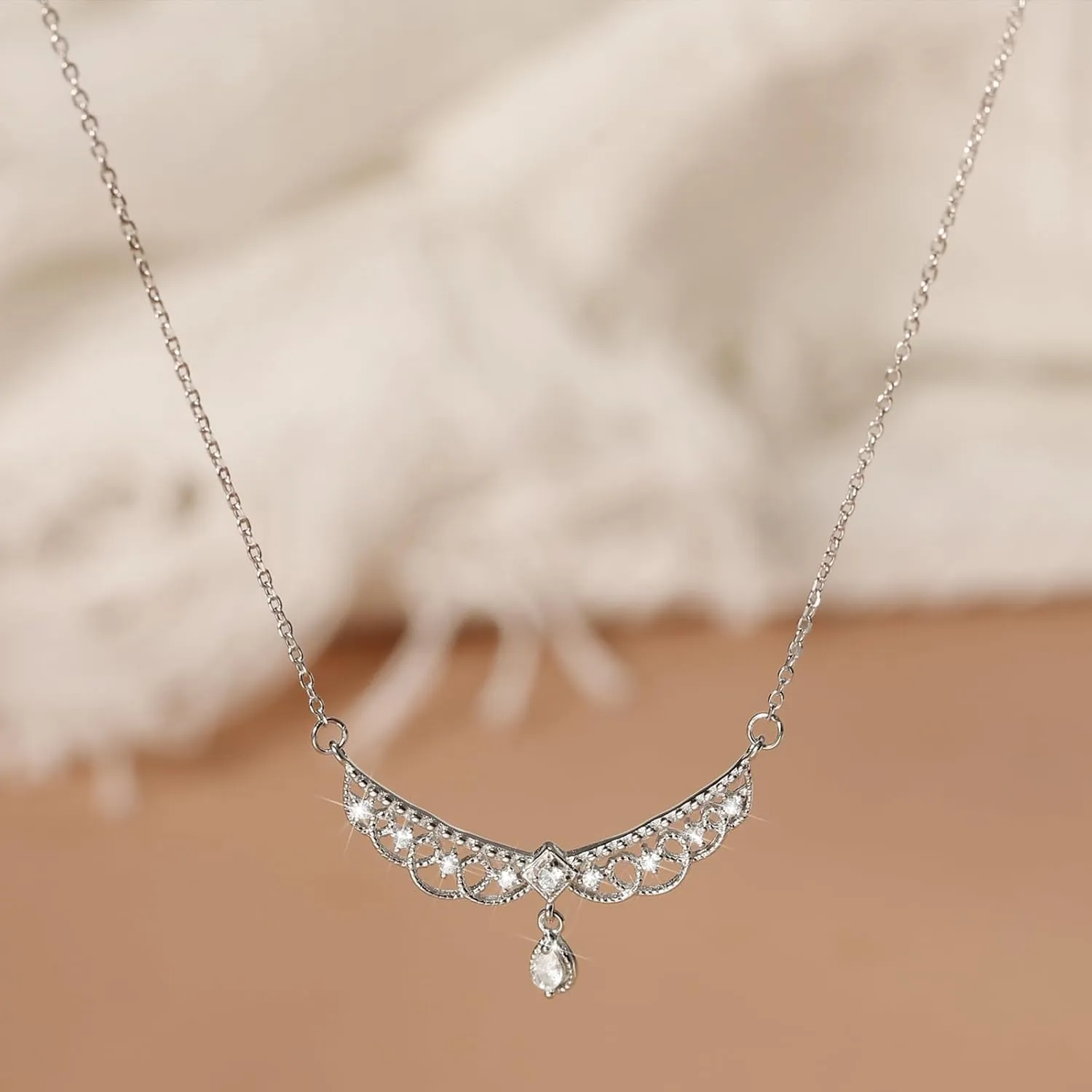 Vintage S925 Sterling Silver Crystal Lace Choker Necklace for Women Fancy CZ Teardrop Pendant Necklace Hollow Lace Rhinestone Necklaces Princess Bridal Birthday Jewelry To My Best Wife Daughter Graduation Gifts
