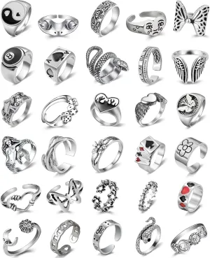 Vintage Silver Open Punk Rings for Men Women Stackable Adjustable Chunky Aesthetic Snake Skull Star Flower Butterfly Ring