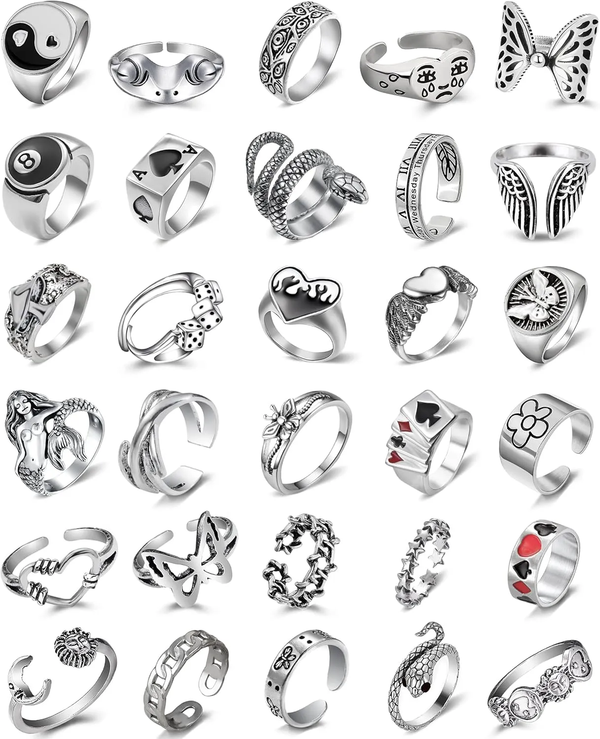 Vintage Silver Open Punk Rings for Men Women Stackable Adjustable Chunky Aesthetic Snake Skull Star Flower Butterfly Ring