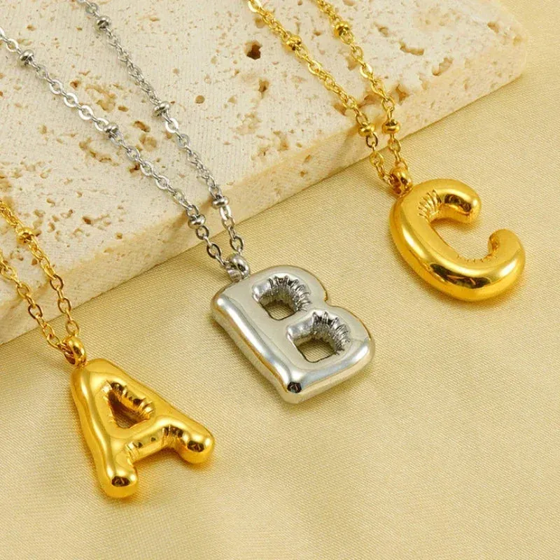 Vintage Stainless Steel Chunky Letter Necklace 18K Gold Plated