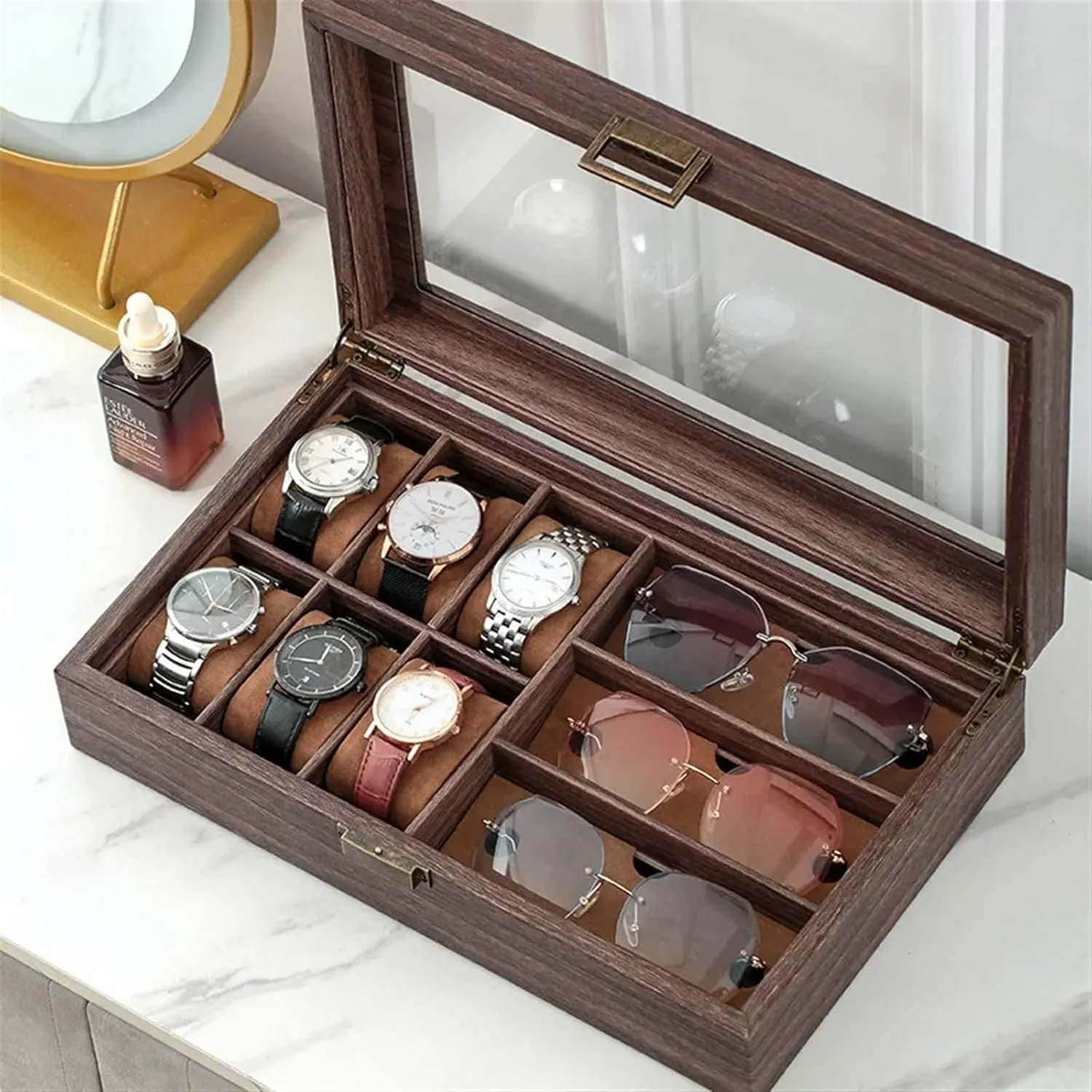 Watch Box Handmade Watch Sunglass Organizer Time Box for Watch Holding Multifunctional and Effective Storage(Wooden Glasses)