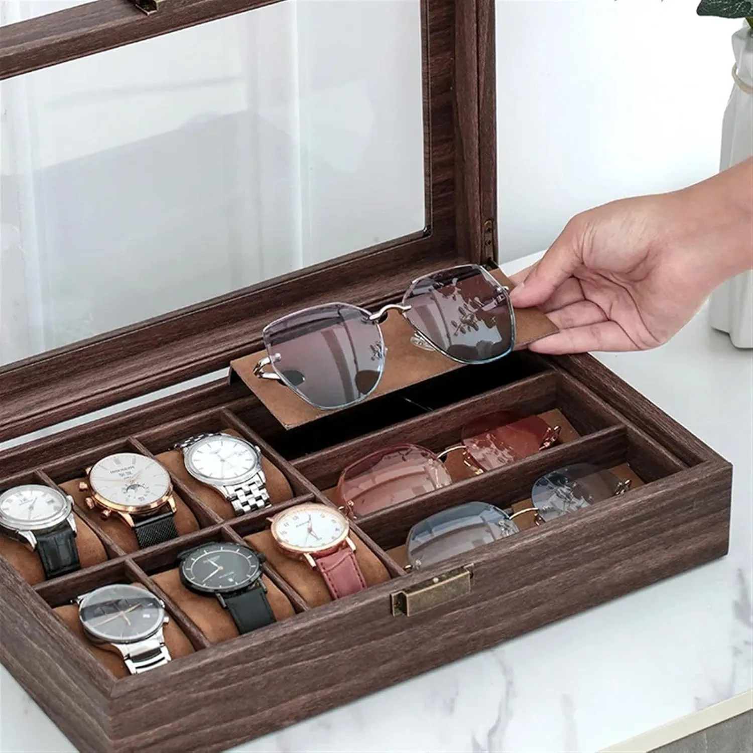 Watch Box Handmade Watch Sunglass Organizer Time Box for Watch Holding Multifunctional and Effective Storage(Wooden Glasses)
