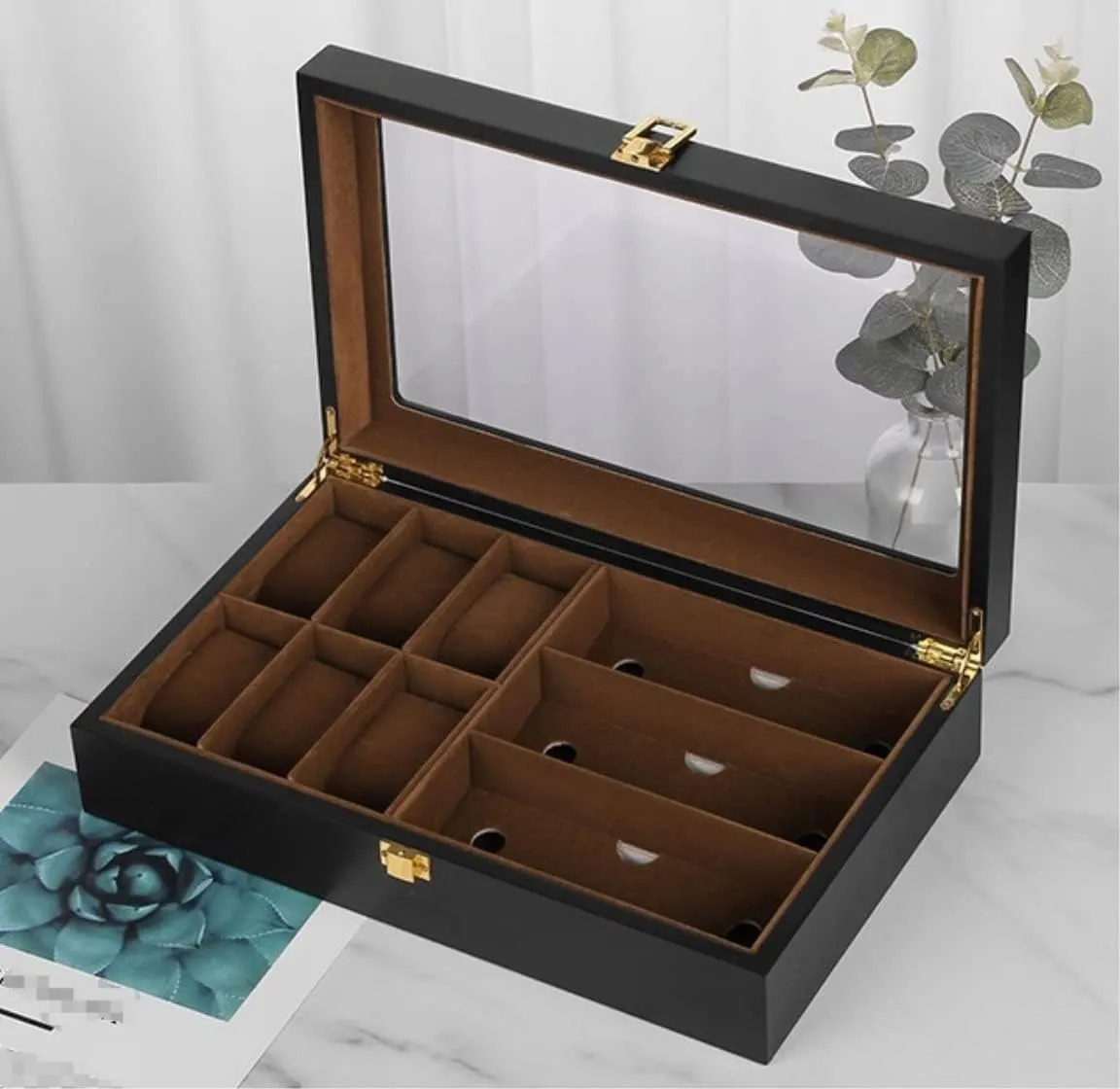 Watch Box Single For Men And Women Watch Display Holder Clear Lid 6 Grids Watch Box 3 Pieces Eyeglasses Storage Eyewear Display Holder Case Luxury Watch Case Display Organizer