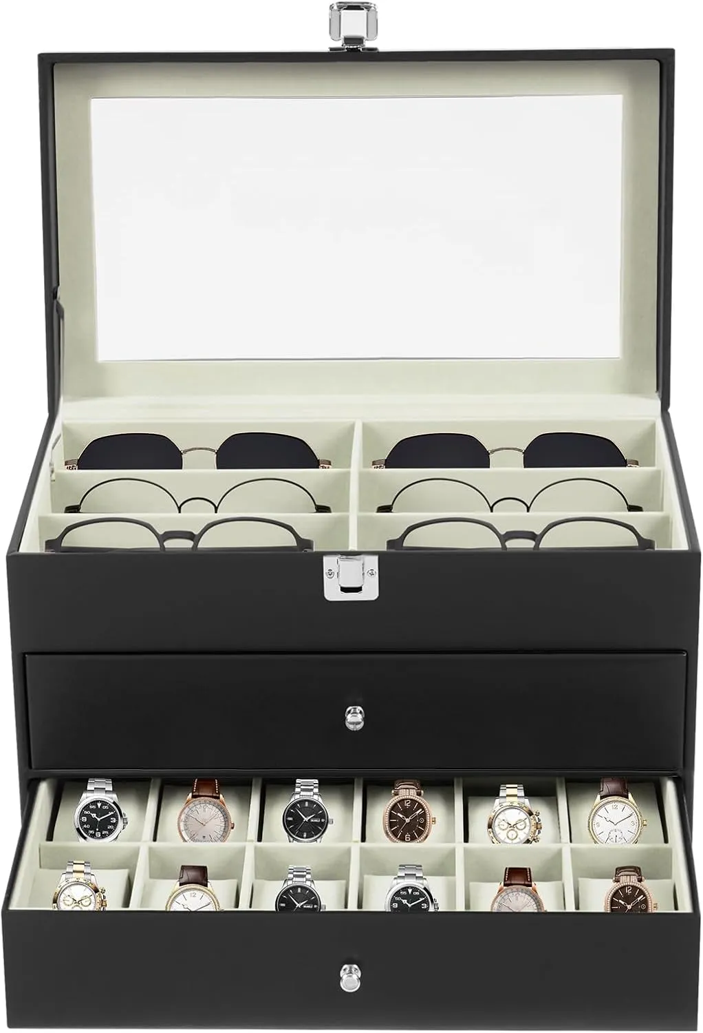 Watch Box Storage Organizer,12-Slot Eyeglasses Watch Display Case with 3-Tier Glass Lid Dustproof, Luxury Watch Box Collection, for Home Store Jewelry Gifts-Black