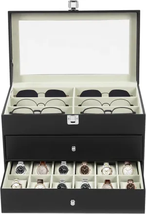 Watch Box Storage Organizer,12-Slot Eyeglasses Watch Display Case with 3-Tier Glass Lid Dustproof, Luxury Watch Box Collection, for Home Store Jewelry Gifts-Black