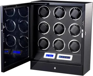 Watch Winder for 9 Automatic Watch LCD Touch Screen Adjustable Watch Pillows Wooden Storage Box Quiet Motor (Black)