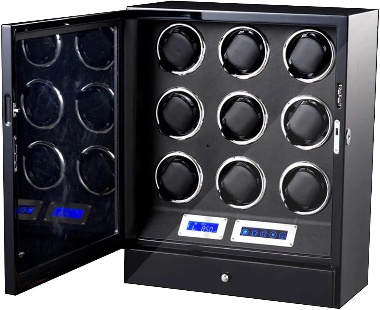 Watch Winder for 9 Automatic Watch LCD Touch Screen Adjustable Watch Pillows Wooden Storage Box Quiet Motor (Black)
