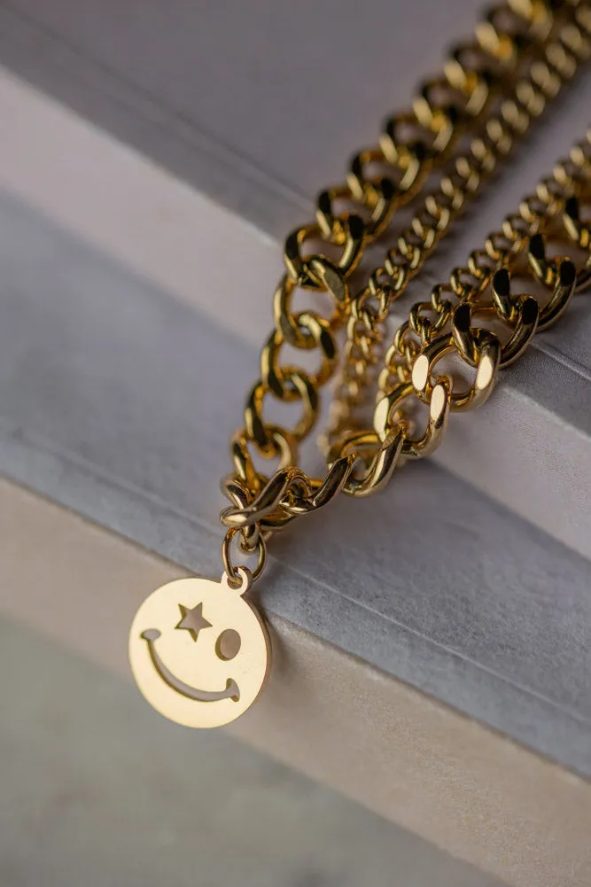 Waterproof Wink Face Gold Duo-Chain Necklace