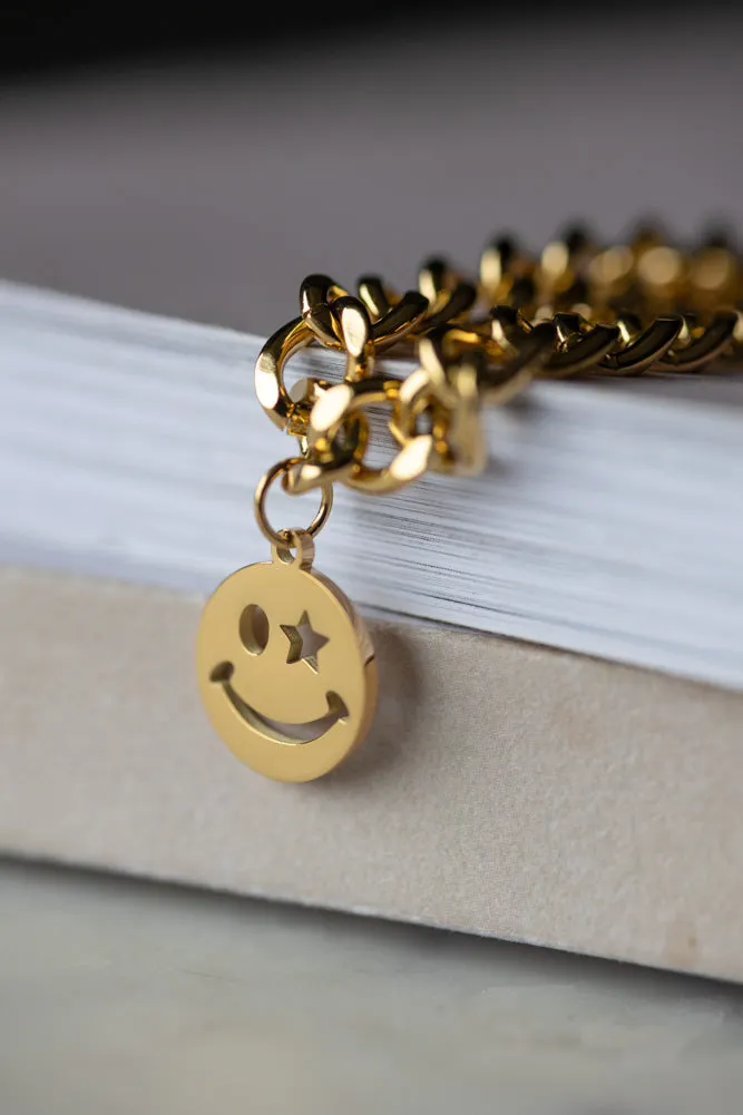 Waterproof Wink Face Gold Duo-Chain Necklace