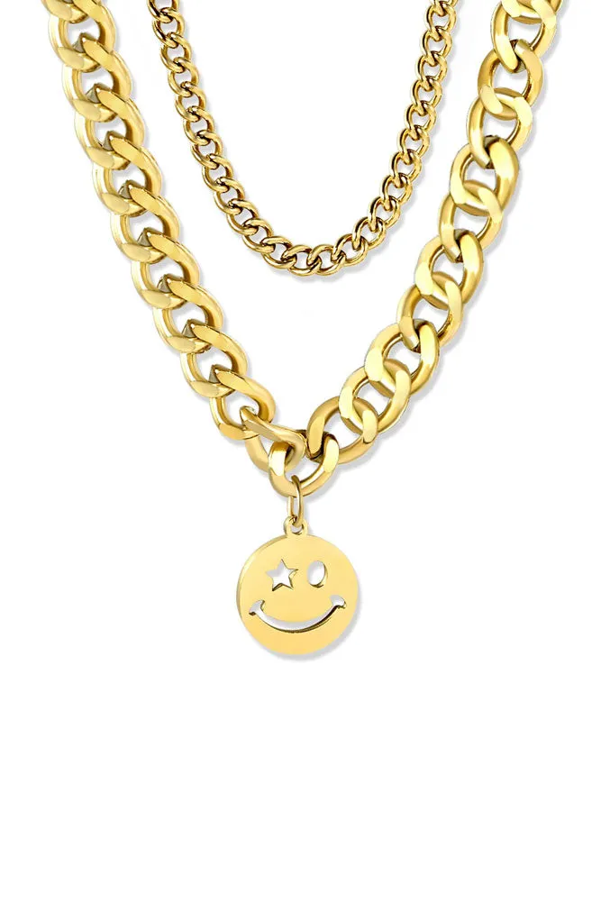 Waterproof Wink Face Gold Duo-Chain Necklace