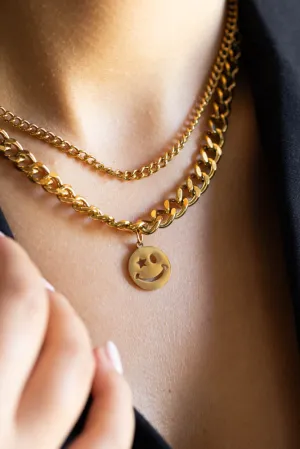 Waterproof Wink Face Gold Duo-Chain Necklace
