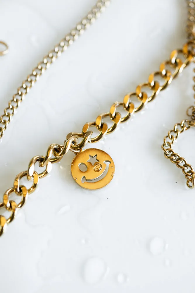 Waterproof Wink Face Gold Duo-Chain Necklace