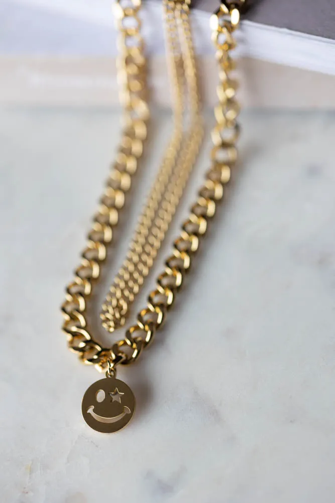 Waterproof Wink Face Gold Duo-Chain Necklace