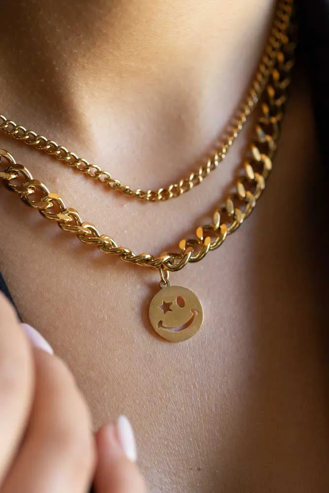 Waterproof Wink Face Gold Duo-Chain Necklace