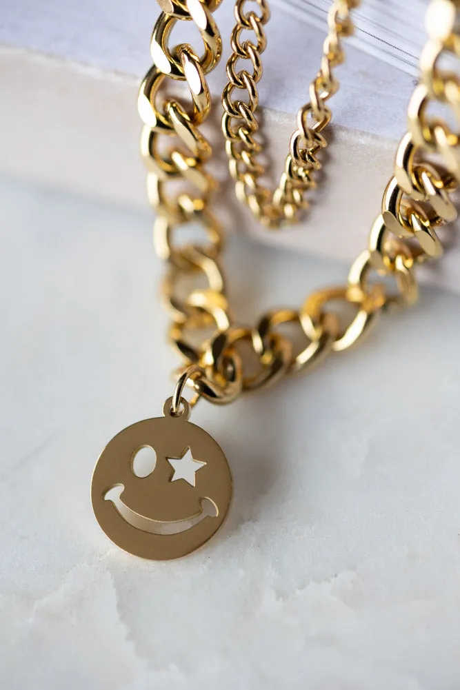 Waterproof Wink Face Gold Duo-Chain Necklace