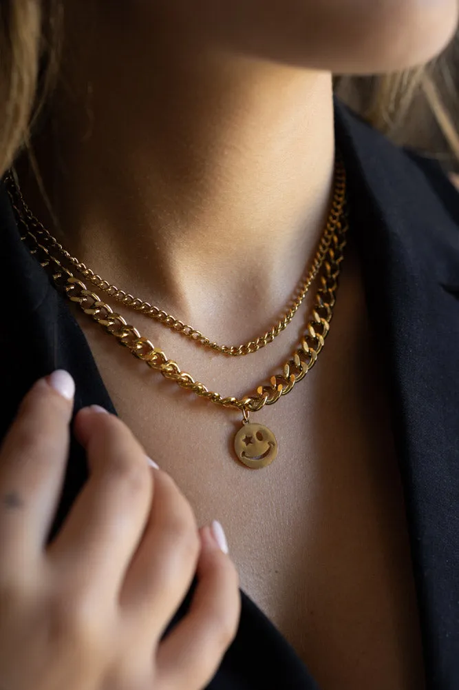 Waterproof Wink Face Gold Duo-Chain Necklace
