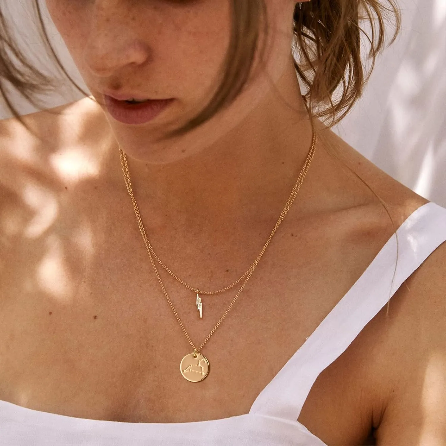 WEARON Zodiac Necklace for Women Gold Coin Disc Constellation Horoscope Sign Astrology Engraved 14k Gold Plated Dainty Chain Personalized Birthday Jewelry