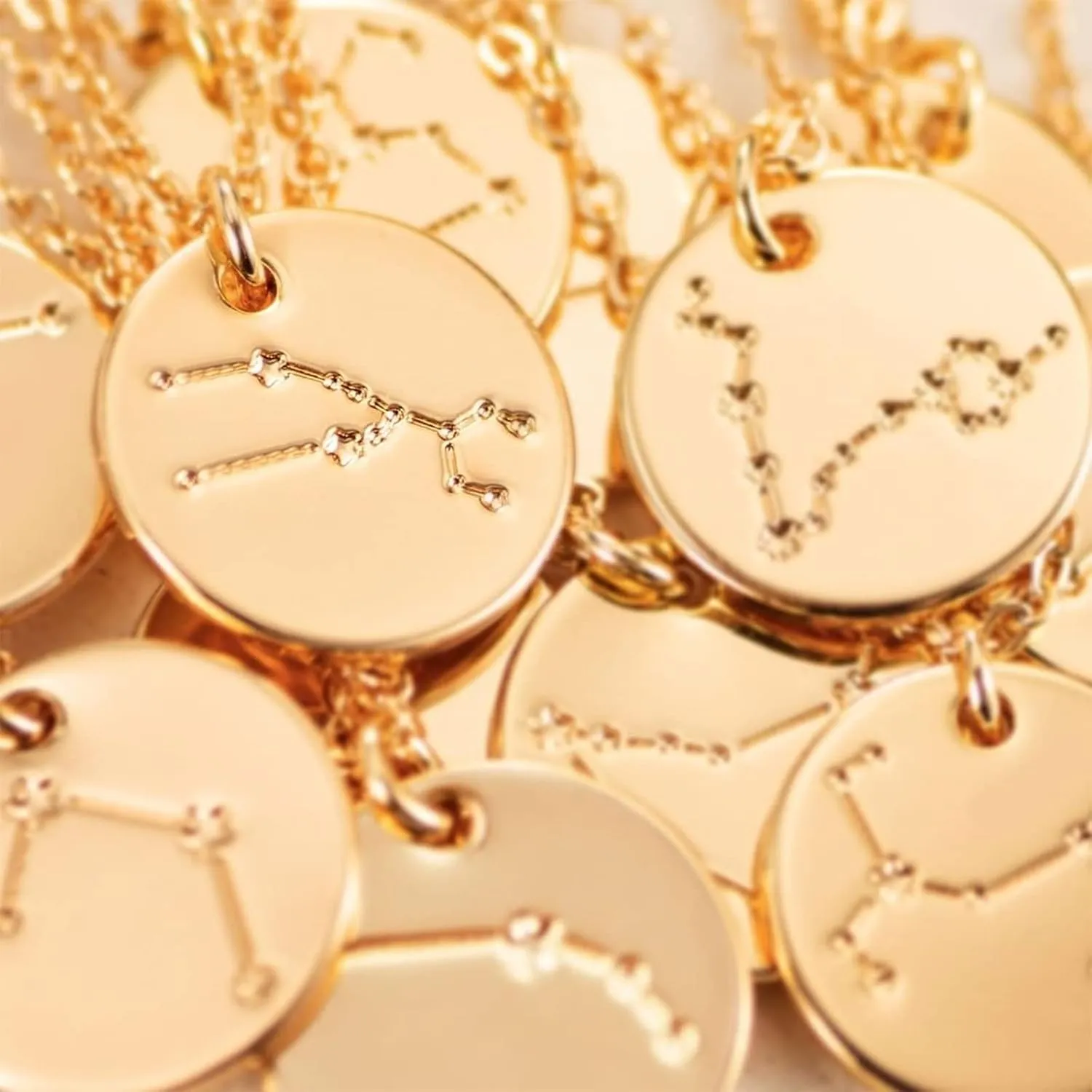 WEARON Zodiac Necklace for Women Gold Coin Disc Constellation Horoscope Sign Astrology Engraved 14k Gold Plated Dainty Chain Personalized Birthday Jewelry