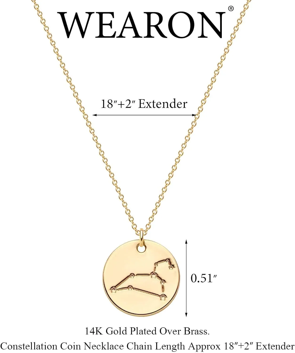 WEARON Zodiac Necklace for Women Gold Coin Disc Constellation Horoscope Sign Astrology Engraved 14k Gold Plated Dainty Chain Personalized Birthday Jewelry