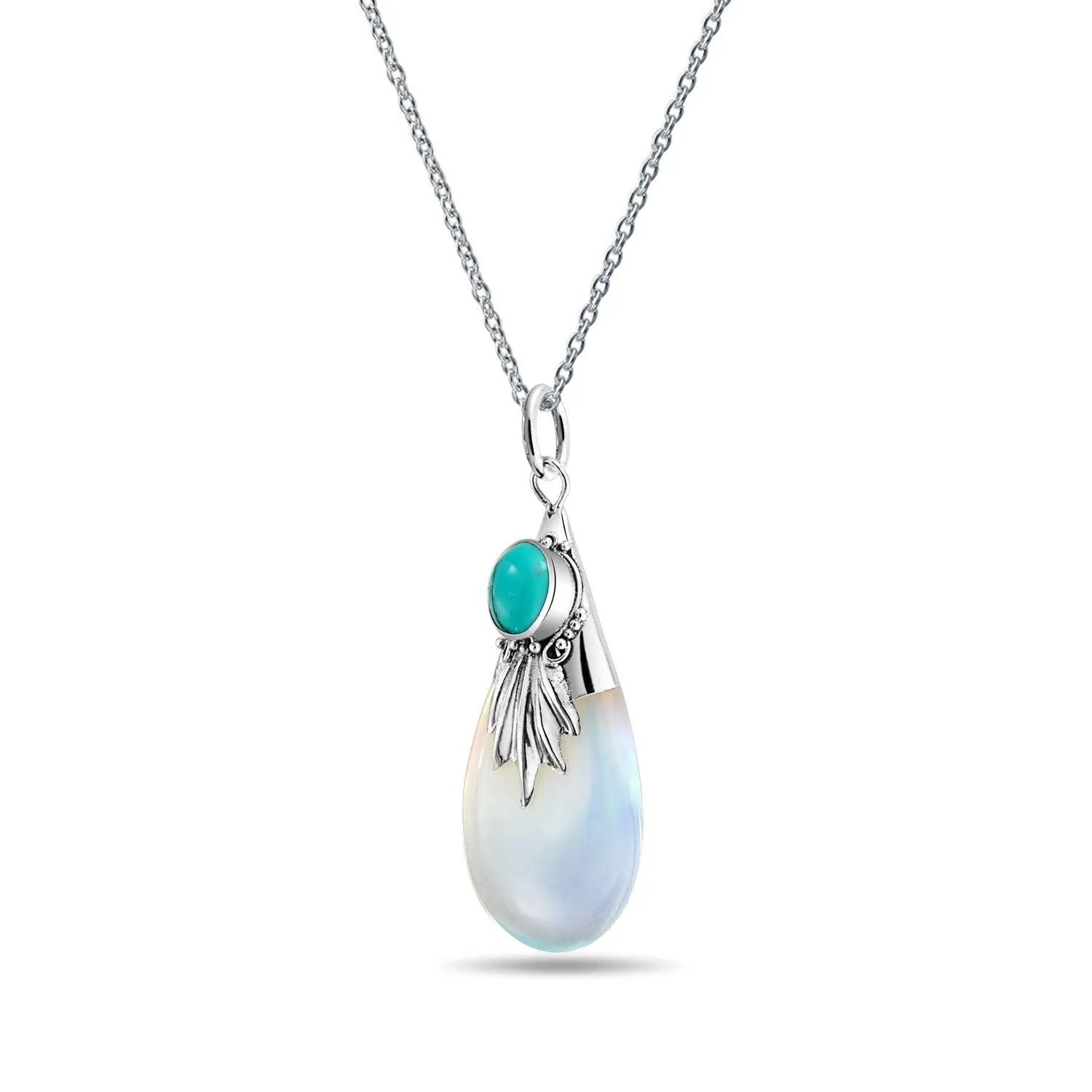 Western Jewelry Tribal Blue Turquoise Opalite Teardrop Pendant Necklace Silver