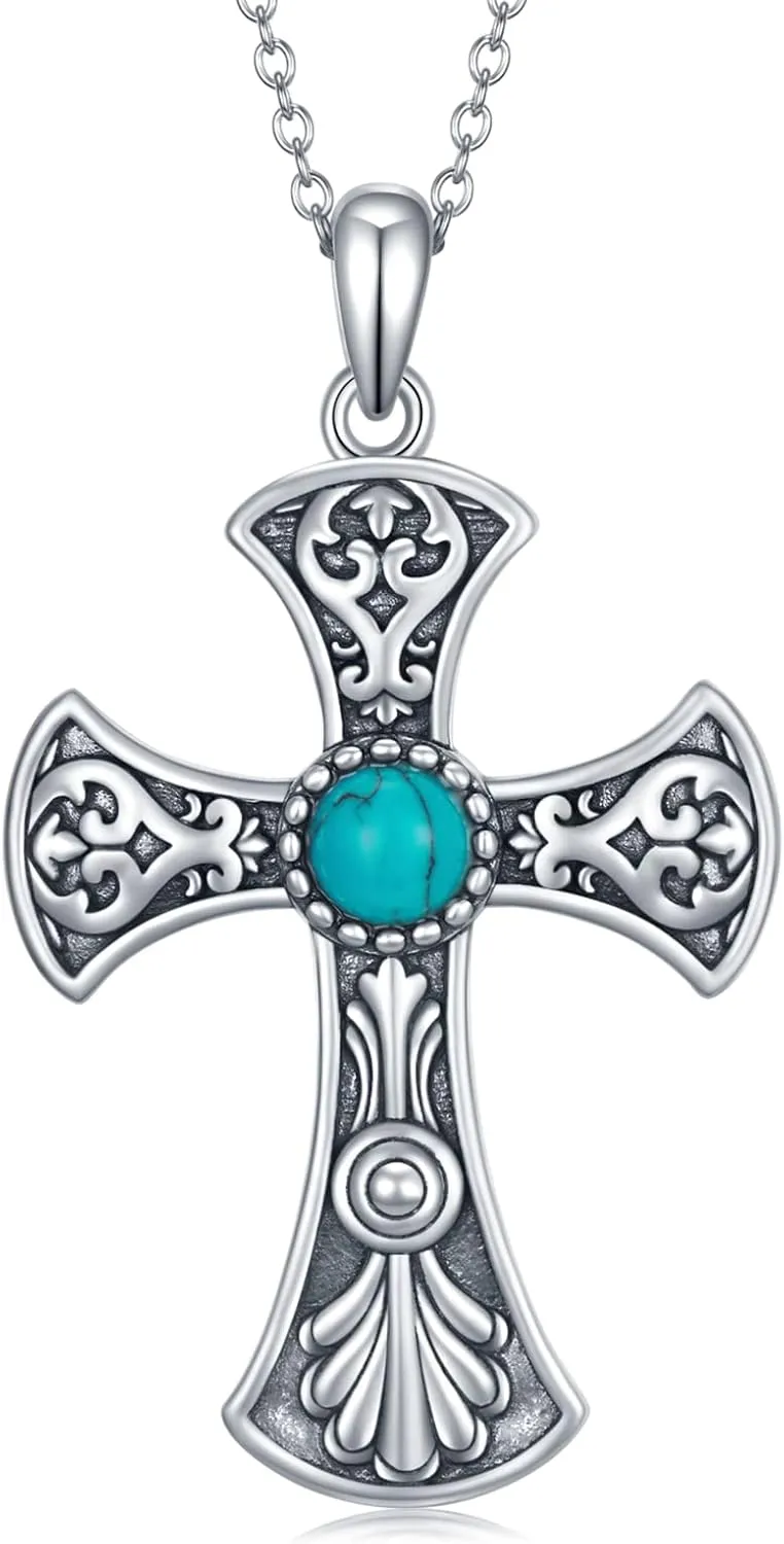 Western Turquoise Necklace 925 Sterling Silver Turquoise Cross/Dragonfly/Cow Tap/Butterfly/Hummingbird/Snake/Horseshoe Pendant Necklaces Turquoise Jewelry Gifts for Women Men