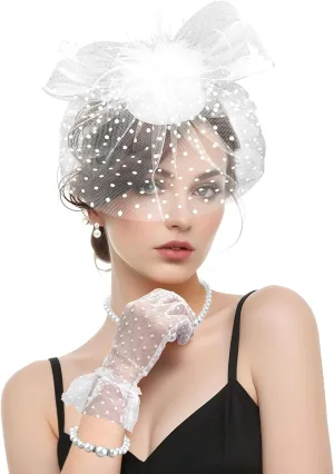 White Fascinator for Women Tea Party Funeral Veil Hat Pillbox Cocktail Wedding Headpiece and Lace Glove 20s 50s