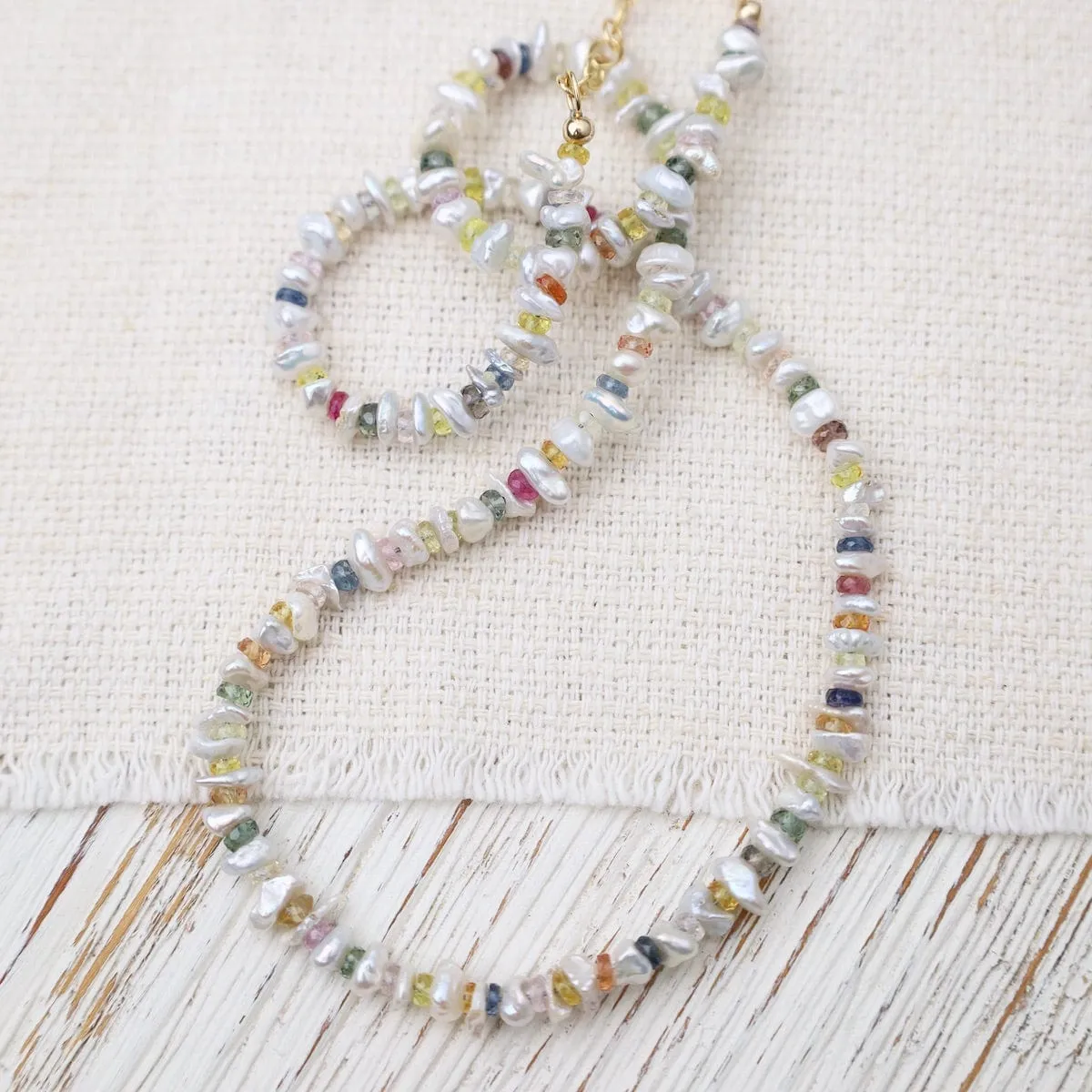 White Pearl & Multi-Color Sapphire Necklace