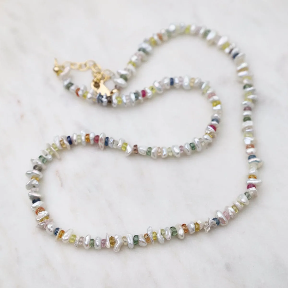 White Pearl & Multi-Color Sapphire Necklace