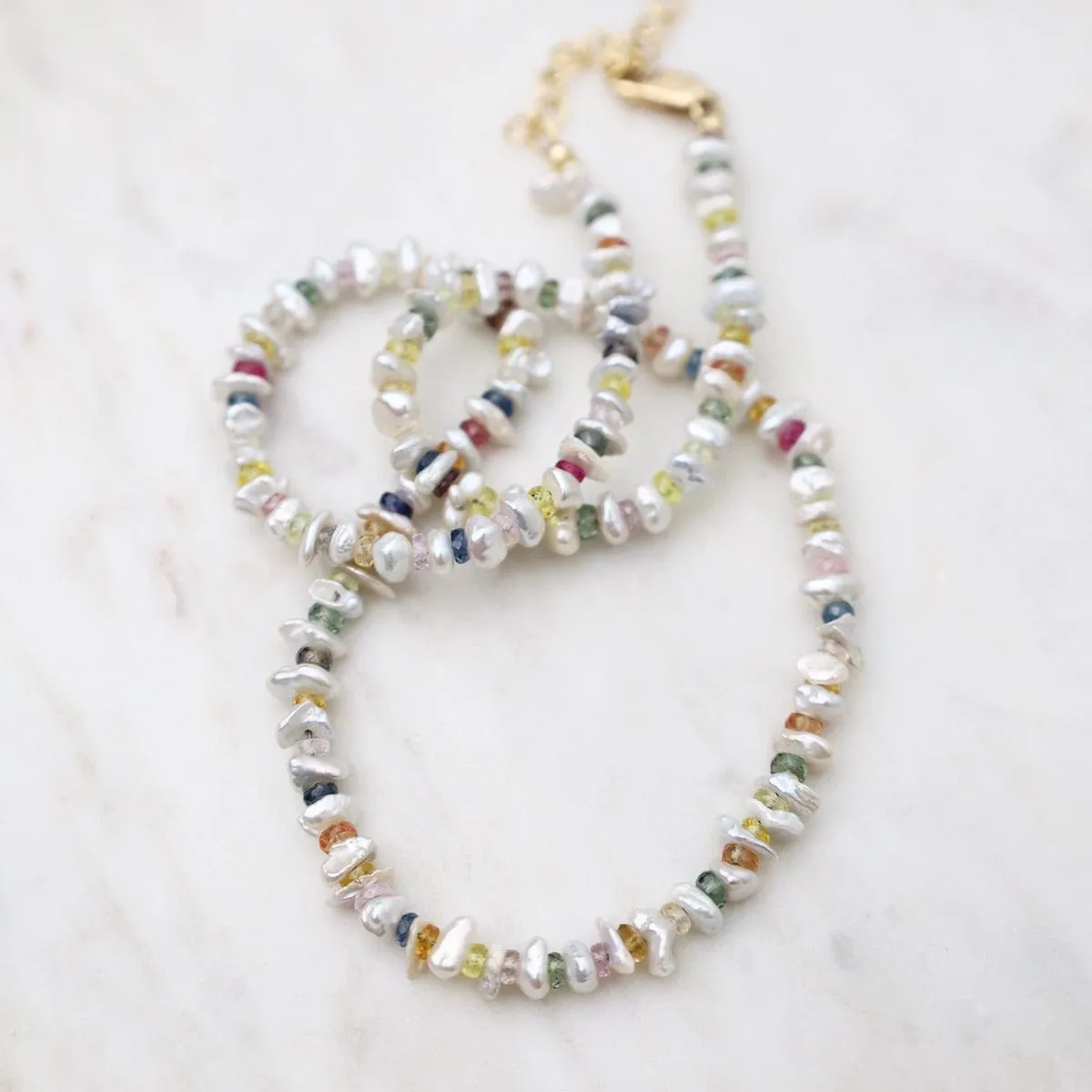 White Pearl & Multi-Color Sapphire Necklace