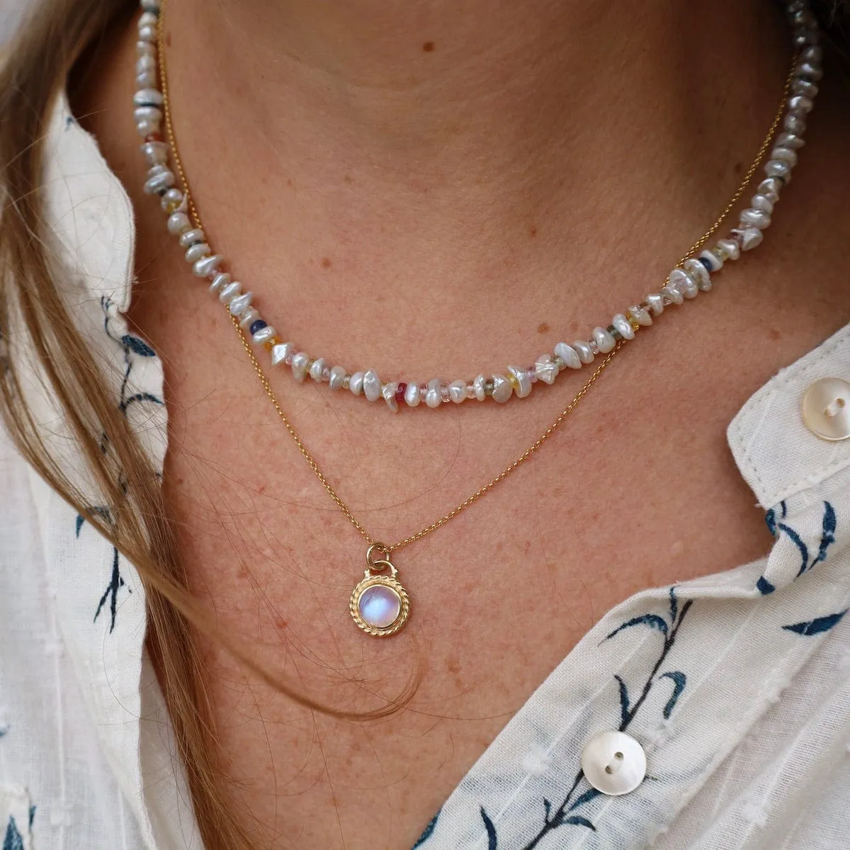White Pearl & Multi-Color Sapphire Necklace