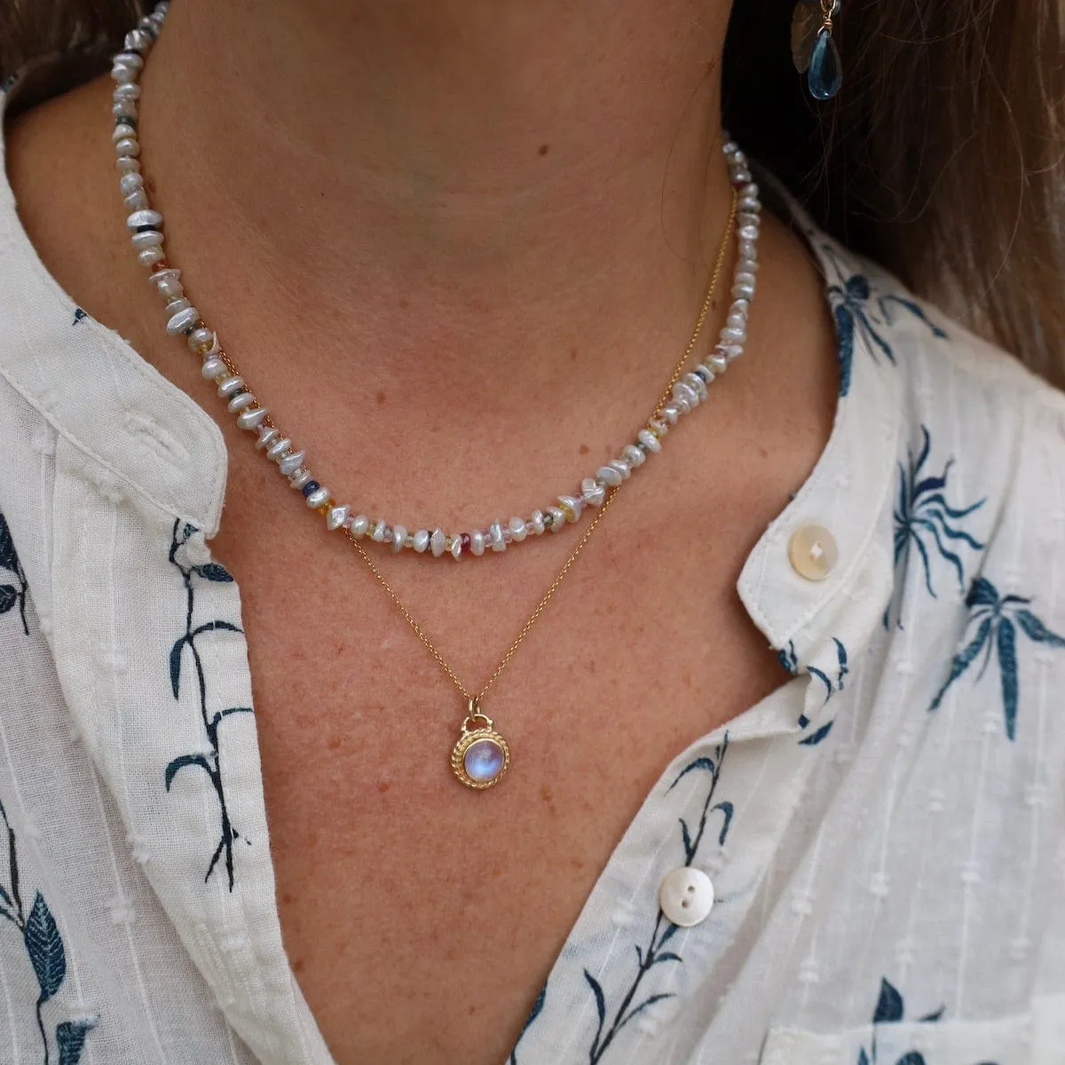 White Pearl & Multi-Color Sapphire Necklace