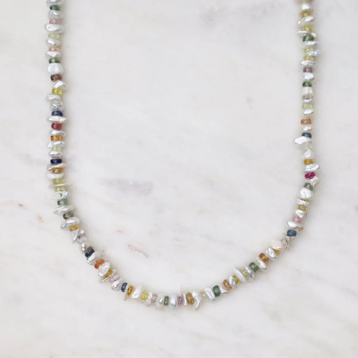 White Pearl & Multi-Color Sapphire Necklace